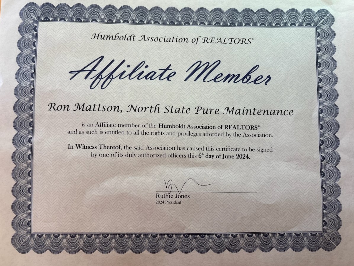 Humboldt Association of REALTORS affiliate member certificate for Ron Mattson, North State Pure Maintenance