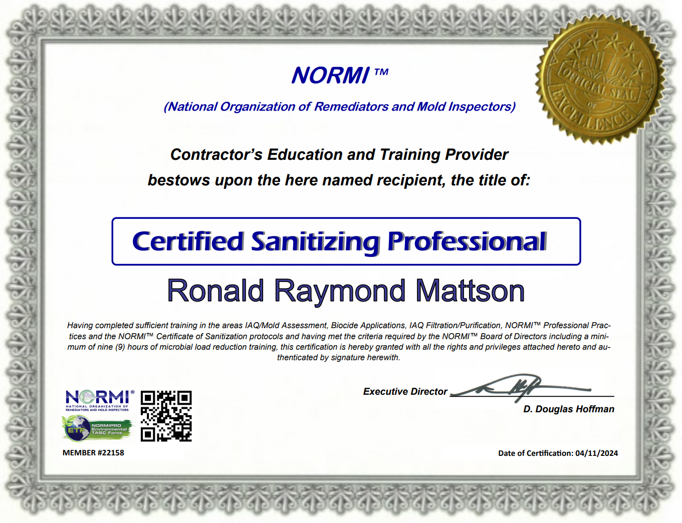 NORMI Certified Sanitizing Professional certificate awarded to Ronald Raymond Mattson of North State Pure Maintenance