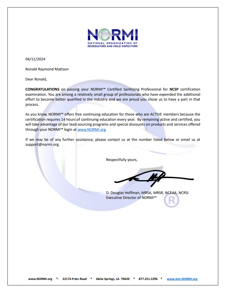 NORMI letter confirming Certified Sanitizing Professional certification for North State Pure Maintenance