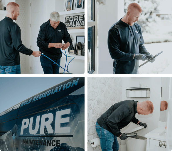 North State Pure Maintenance technicians conducting a mold inspection, checking equipment, and documenting findings on-site